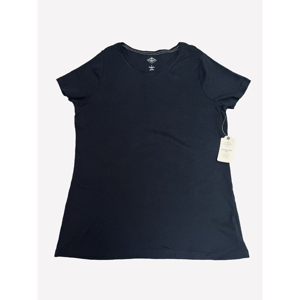 NWT St Johns Bay Essentials Ladies Black Short Sleeve Tee Size L stretch (C2)